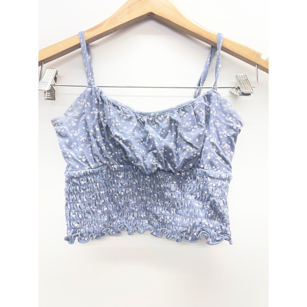 Hollister Blue Floral Smocked Crop Top Camisole XS Adjustable Straps Boho